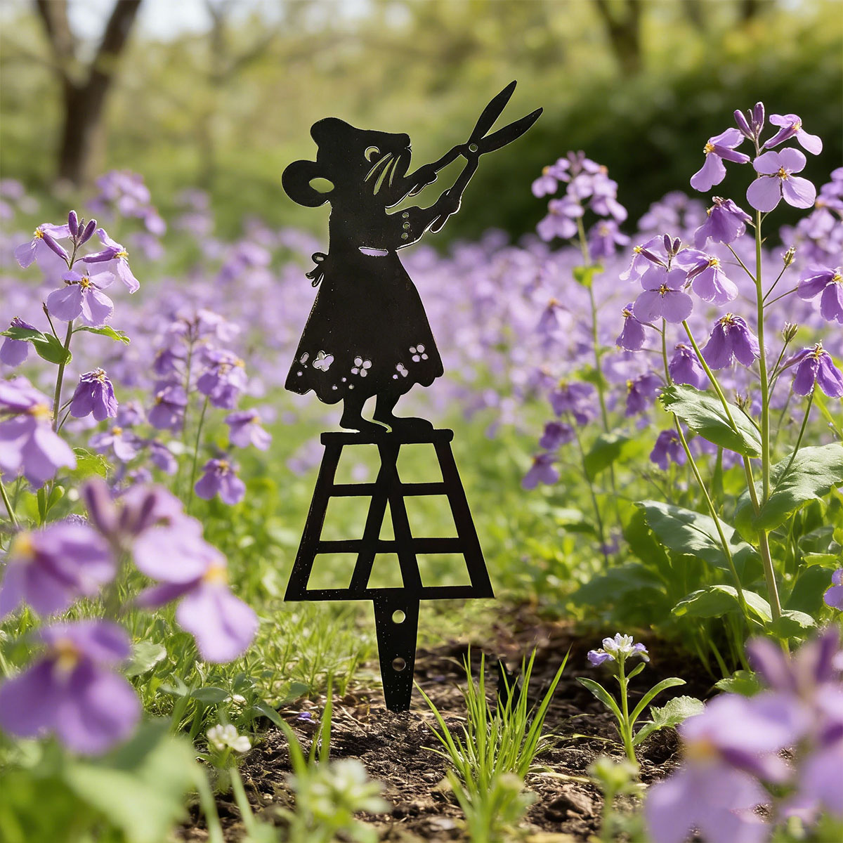 Gardening Tools For Home - Czarna metalowa kolumna ogrodowa z sylwetką,